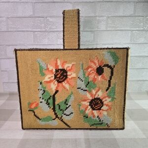 Folk Art Tote Bag Vintage 70s Yarn Floral Handmade Needlepoint Lined Retro
